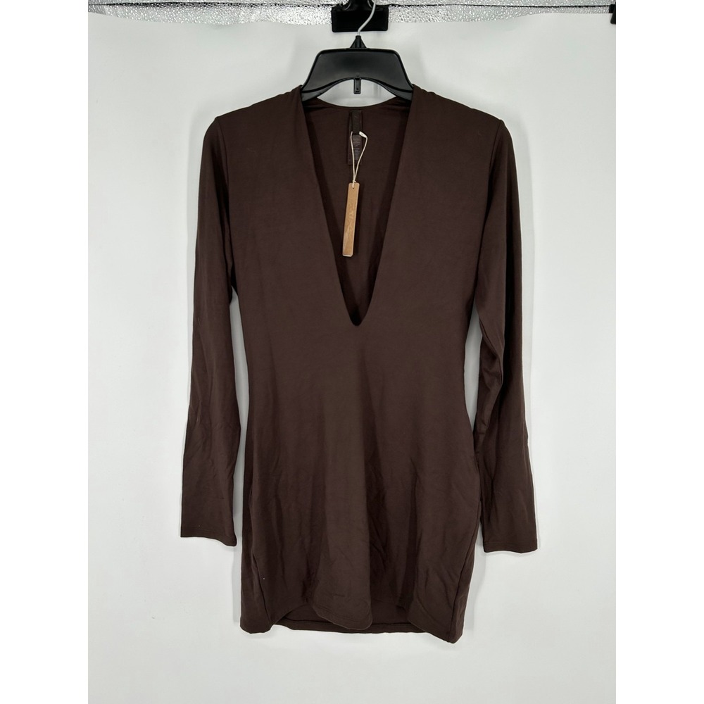 SKIMS Smooth Layers Plunge Mini Dress Womens Large Espresso Neck Long Sleeve‎
